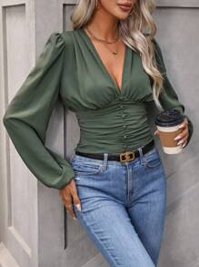 SHEIN Clasi 深V領燈籠袖前收褶短款襯衫 - 軍綠色 - 查看 4