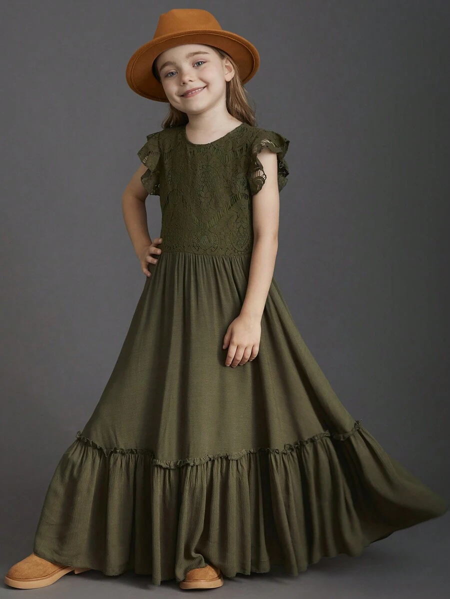 Vestido sin cinturón para niña preadolescente con mangas acampanadas, dobladillo de volantes y encaje Guipure calado elegante - Verde Oliva - Ver 1
