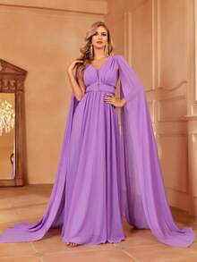 Faeriesty Extra-long Sleeve Ruched Chiffon Bridesmaid Dress - Purple - View 2