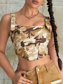 Y2K Street Camo Print Lace Up Backless Crop Shapewear Corset Top - Multicolor - View 6