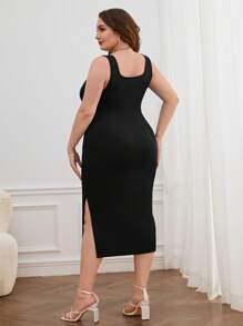 SHEIN Essnce Plus Split Thigh Tank Dress - Black - View 2