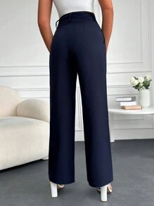 SHEIN Cottnline Pantalones de talle alto con fruncido - Azul Marino - Ver 2