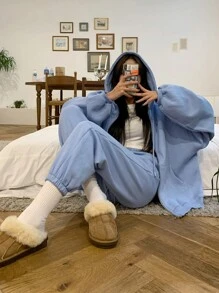 DAZY Của phụ nữ Màu thuần Thả vai Áo nỉ có mũ Với dây kéo - Màu xanh lam - Xem 8