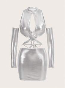 SHEIN ICON 鏤空十字交叉後背繫帶金屬質感緊身洋裝帶袖子 - 銀色 - 查看 1