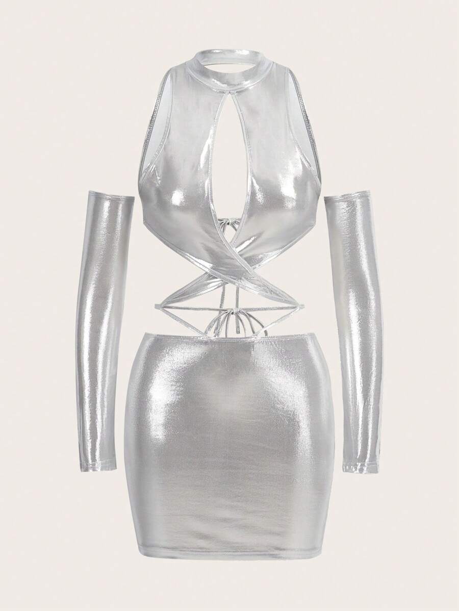 SHEIN ICON 鏤空十字交叉後背繫帶金屬質感緊身洋裝帶袖子 - 銀色 - 查看 1