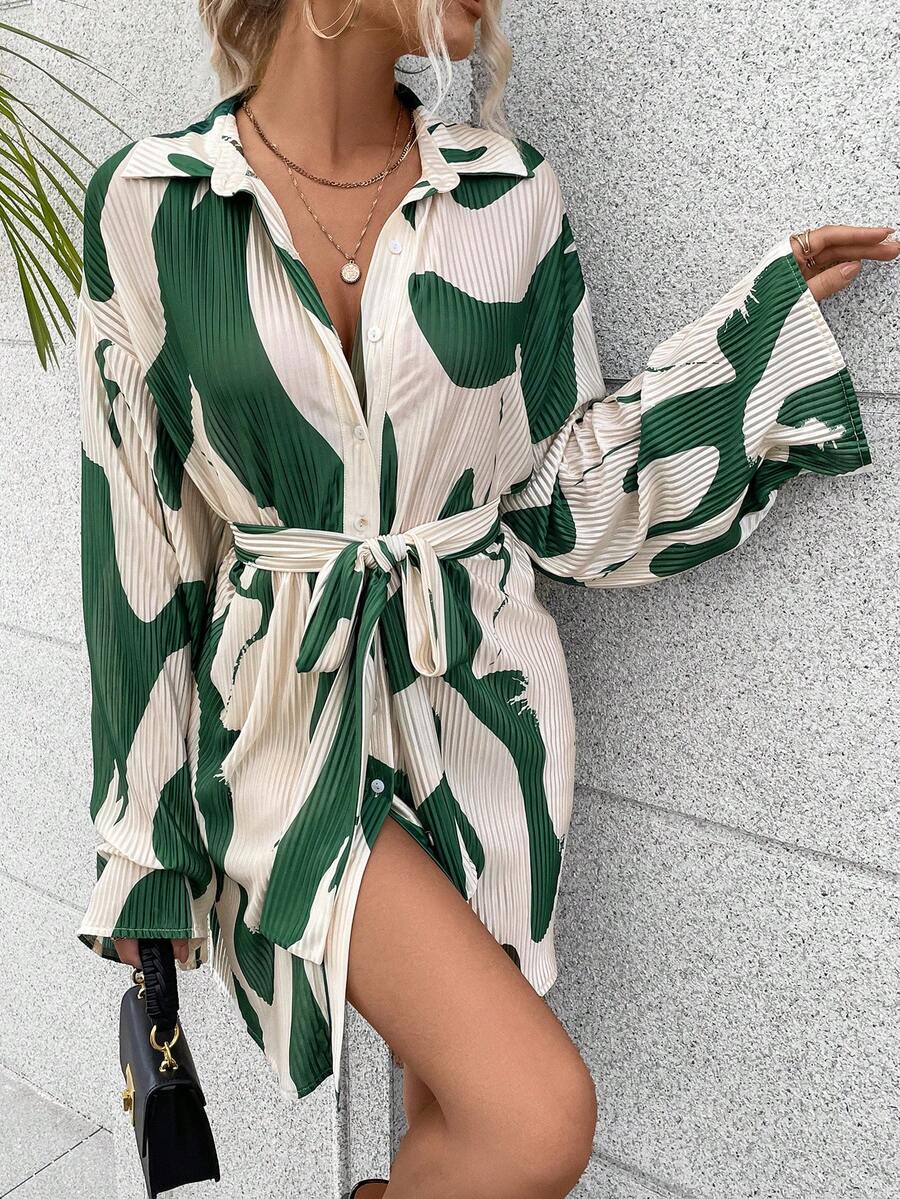SHEIN LUNE Graphic Print Belted Shirt Dress - Multicolor - View 1