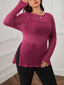 SHEIN Essnce 大碼素色下擺開叉上衣不附胸罩 - 玫紅色 - 查看 5