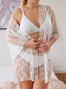 RueChic Plus Floral Lace Sheer Robe - White - View 1