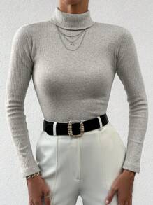 EURMUSE Turtleneck Ribbed Knit Sweater - Light Grey - View 4