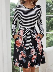 SHEIN LUNE Striped & Floral Print Belted Dress - Multicolor - View 3