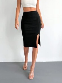 EURMUSE Chất rắn Tách đùi Váy dệt kim - màu đen - Xem 5