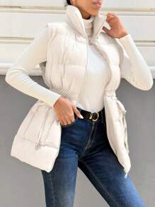 EURMUSE Flap Pocket Zip Up Vest Puffer Coat - Beige - View 5