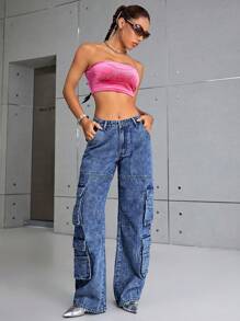 SHEIN ICON 鈕扣 口袋 拉鍊純色女士牛仔褲 - 中等水洗藍 - 查看 5