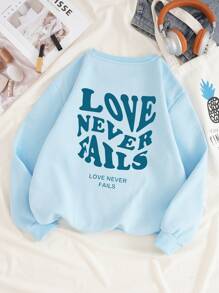 SHEIN EZwear Slogan Graphic Thermal Lined Sweatshirt - Blue - View 1