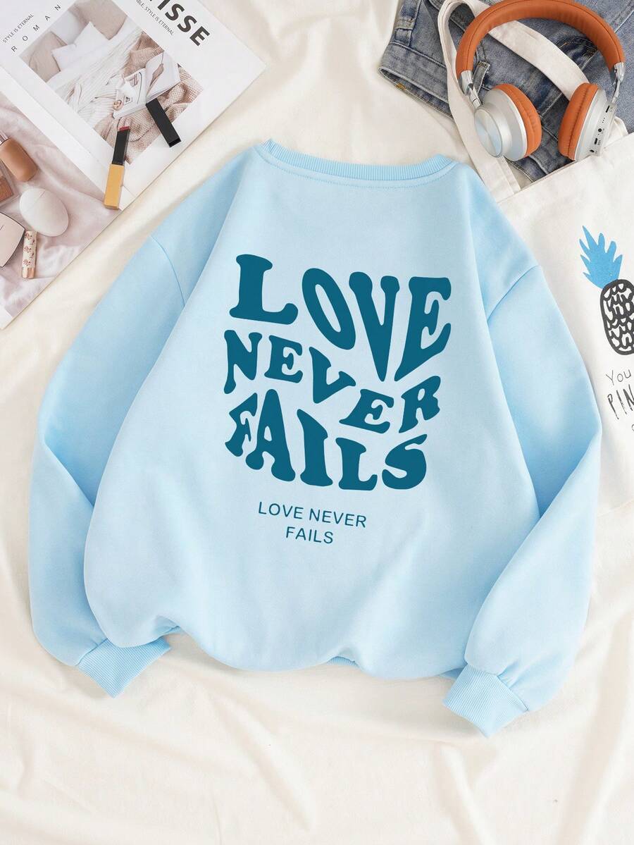 SHEIN EZwear Slogan Graphic Thermal Lined Sweatshirt - Blue - View 1