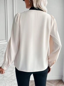 SHEIN Clasi Contrast Trim Lantern Sleeve Blouse - Apricot - View 3