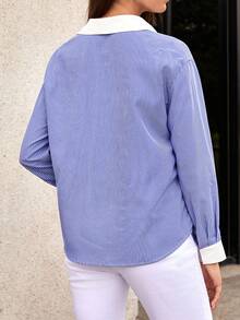 SHEIN Frenchy Striped & Letter Graphic Contrast Collar Button Front Shirt - Blue and White - View 3