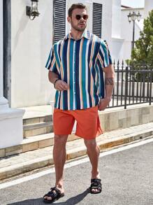 Genlund Men's Plus Size Loose-Fit Striped Print Shirt & Shorts Set - Blue - View 5