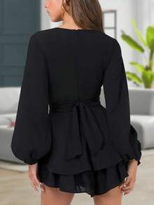 Surplice Neck Lantern Sleeve Two Layer Hem Dress - Black - View 3