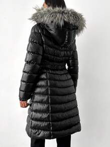EURMUSE Fuzzy Hooded Belted Puffer Coat - Black - View 2