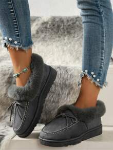 Women's Grey Snow Boots With Rope Bow Decoration - Grey - View 3