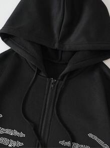 SHEIN EZwear 萬聖節骷髏水鑽拉鏈開襟抽繩連帽衫 - 黑色 - 查看 7