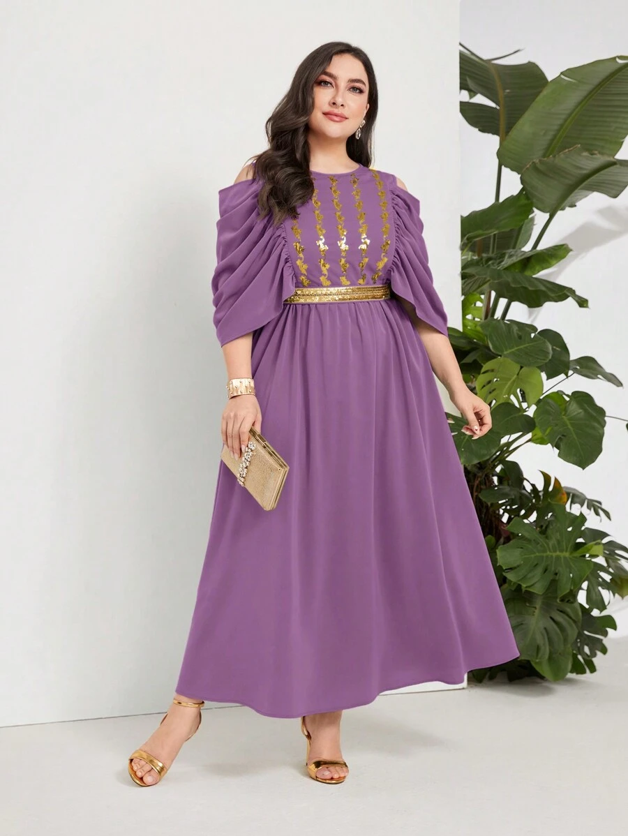 Modelyn Plus Contrast Sequin Detail Cold Shoulder Ruched Sleeve Dress Long Evening Dresses