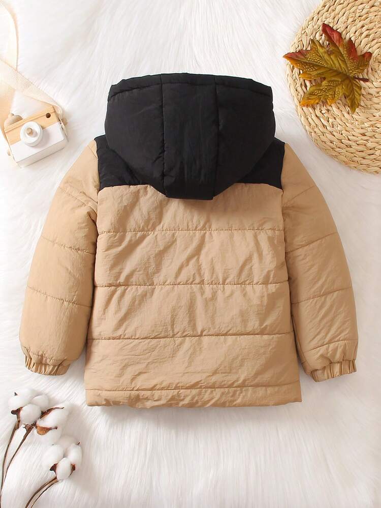 Young Boy Two Tone Letter Patched Detail Zipper Hooded Padded Coat