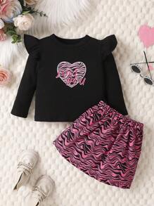 Baby Girl Heart & Letter Graphic Ruffle Trim Tee & Zebra Striped Print Skirt - Black - View 1