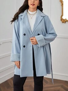 SHEIN Privé 大碼雙排扣束帶大衣 - 淺藍色 - 查看 5