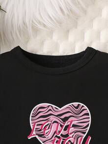 Baby Girl Heart & Letter Graphic Ruffle Trim Tee & Zebra Striped Print Skirt - Black - View 4
