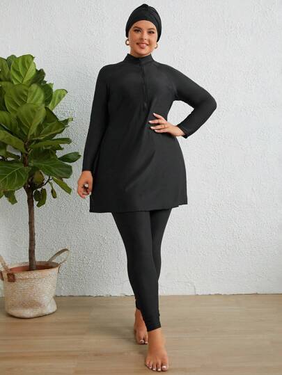 Swim Mulvari Plus Size Zip Front Full Body Burkini With Swim Cap Summer Arabic Clothing