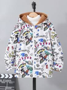 SHEIN Cậu bé Tween Chữ cái & Đồ họa hoạt hình Lót Teddy Áo trùm đầu - Nhiều màu - Xem 6