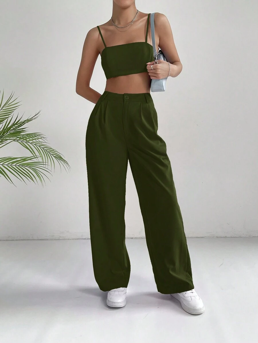 Muchica 素色吊帶上衣&闊腿褲 - 綠色 - 查看 1