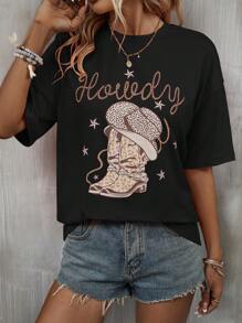 SHEIN LUNE 字母和帽子印花落肩 T 恤 图案 T 恤 女士上衣 - 黑色 - 查看 1