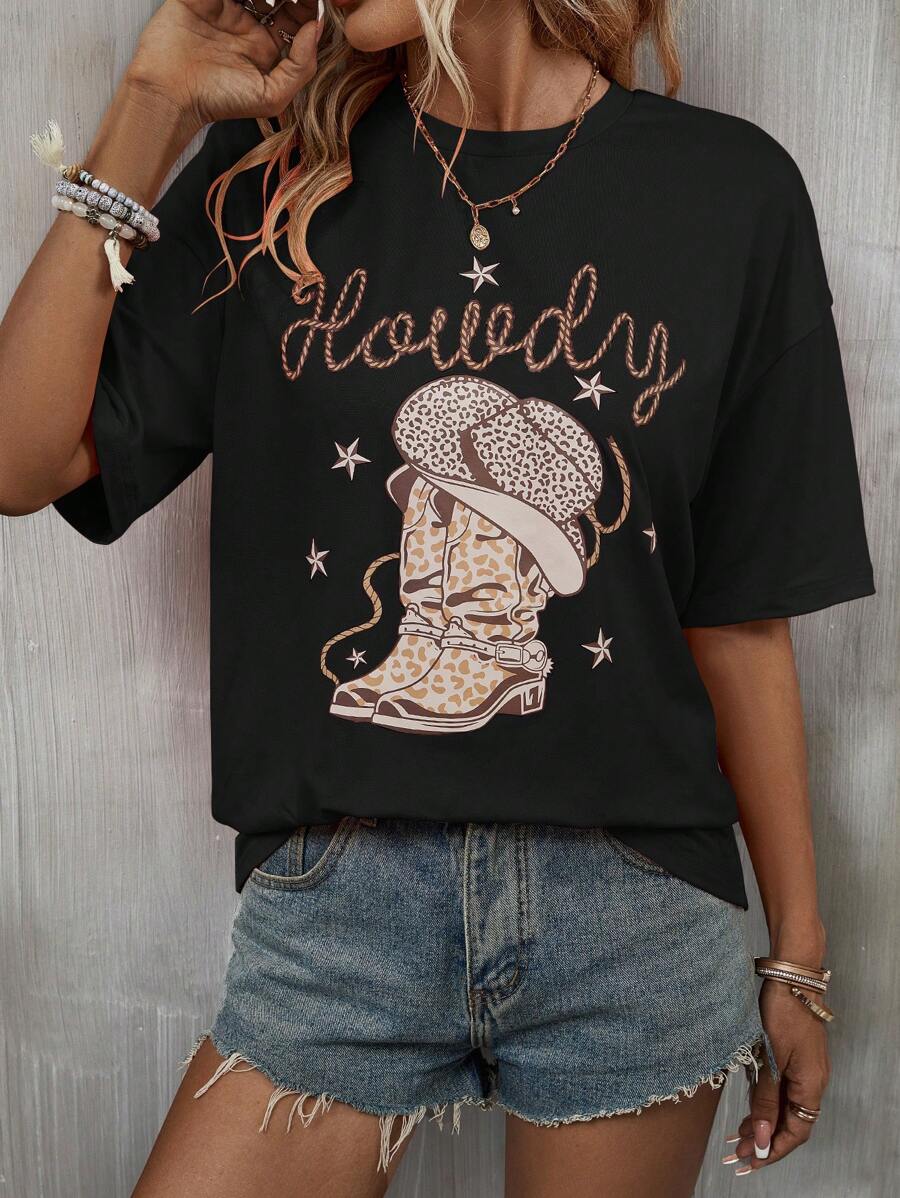 SHEIN LUNE 字母和帽子印花落肩 T 恤 图案 T 恤 女士上衣 - 黑色 - 查看 1