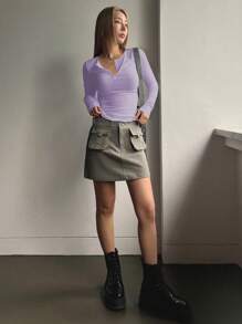 DAZY Half Button Ribbed Knit Tee,Fall Clothes,Back To School Clothes Long Sleeve Women Tops - Mauve Purple - View 5