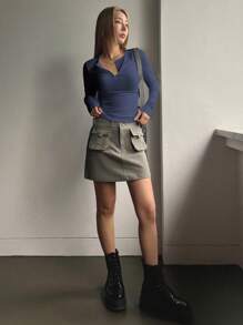 DAZY Half Button Ribbed Knit Tee,Fall Clothes Preppy Tops Long Sleeve Women Tops - Dusty Blue - View 5