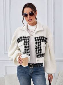 SHEIN Tall Houndstooth Print Drop Shoulder Teddy Jacket - Multicolor - View 3