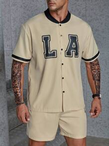 Manfinity Homme 男士大码字母圖案拼接邊襯衫&短褲 - 卡其色 - 查看 6