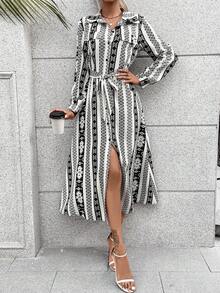 SHEIN LUNE Geo Print Belted Shirt Dress - Black and White - View 2