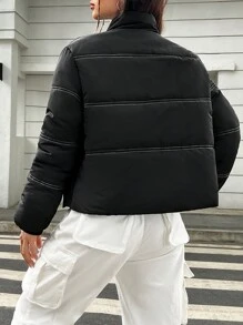 SHEIN EZwear Letter Patched Zip Up Padded Coat - Black - View 2