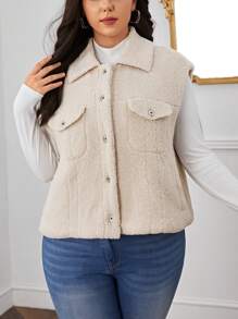 SHEIN Essnce Hơn Túi có nắp Teddy Áo khoác vest - Màu be - Xem 6