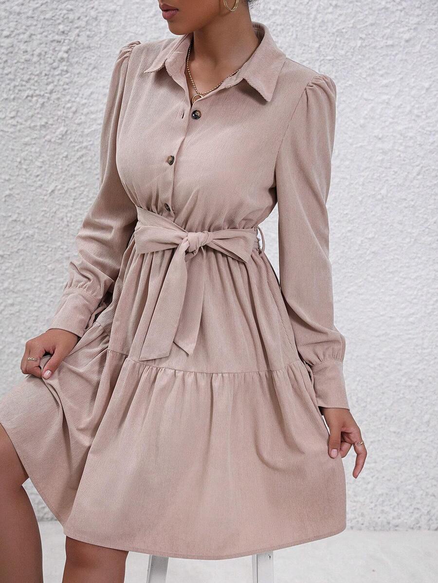 SHEIN LUNE 素色腰帶荷葉邊襯衫洋裝 - 杏色 - 查看 1
