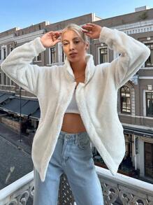 EURMUSE Drop Shoulder Slant Pockets Teddy Jacket - White - View 3