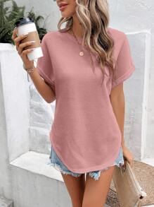SHEIN Frenchy Women Summer Solid Color Round Neck Batwing Sleeve Casual T-Shirt Women T Shirt - Pink - View 4