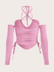 SHEIN ICON Camiseta unicolor con cordón lateral de cuello halter - Rosa Pálido - Ver 2