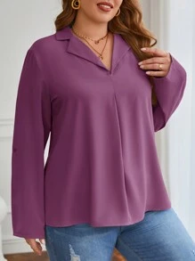 SHEIN Frenchy Talla grande Blusa de manga enrollada con botón unicolor - Morado - Ver 3