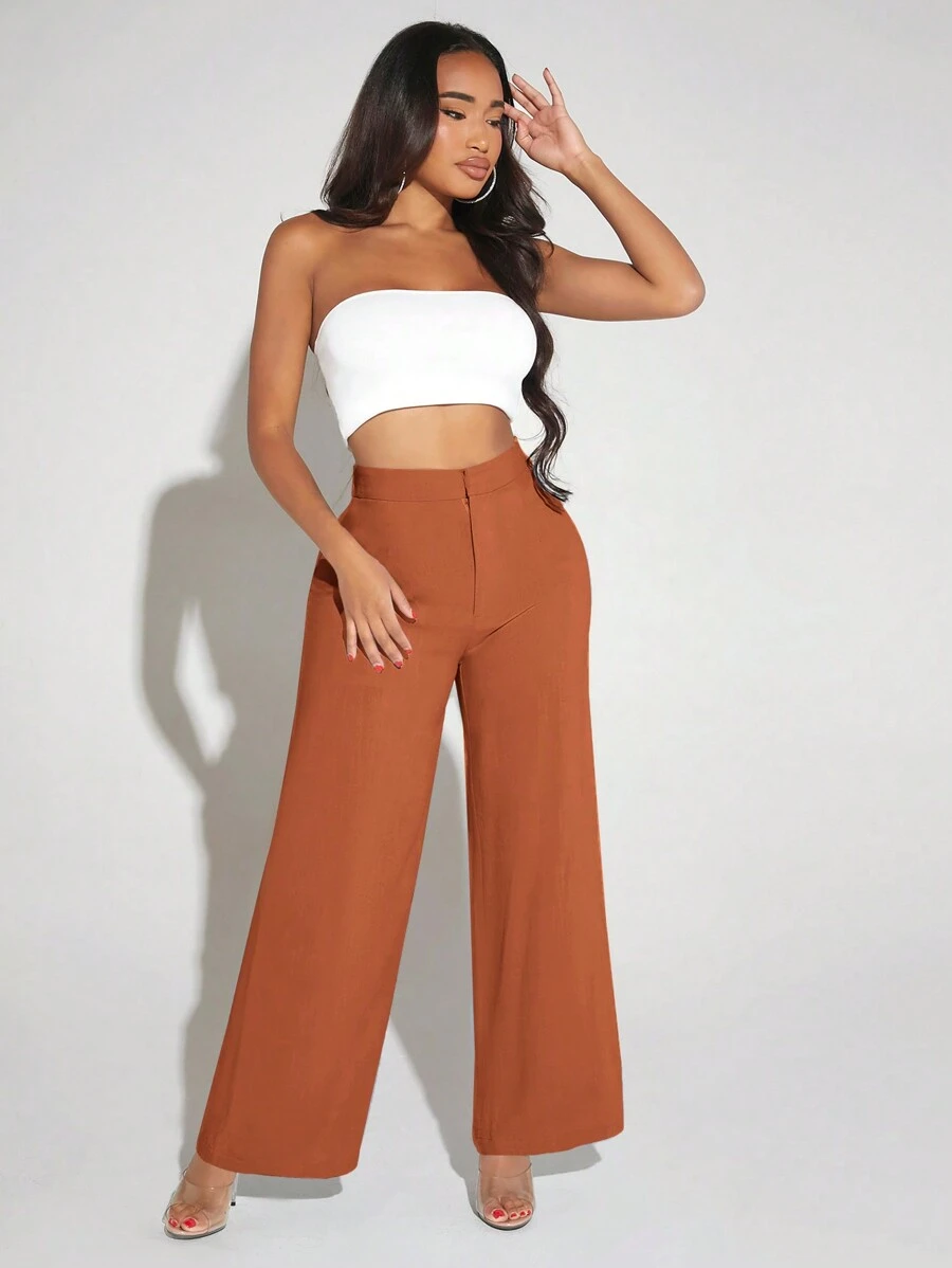 SHEIN SXY 純色高腰闊腿褲 - 亮橙色 - 查看 1