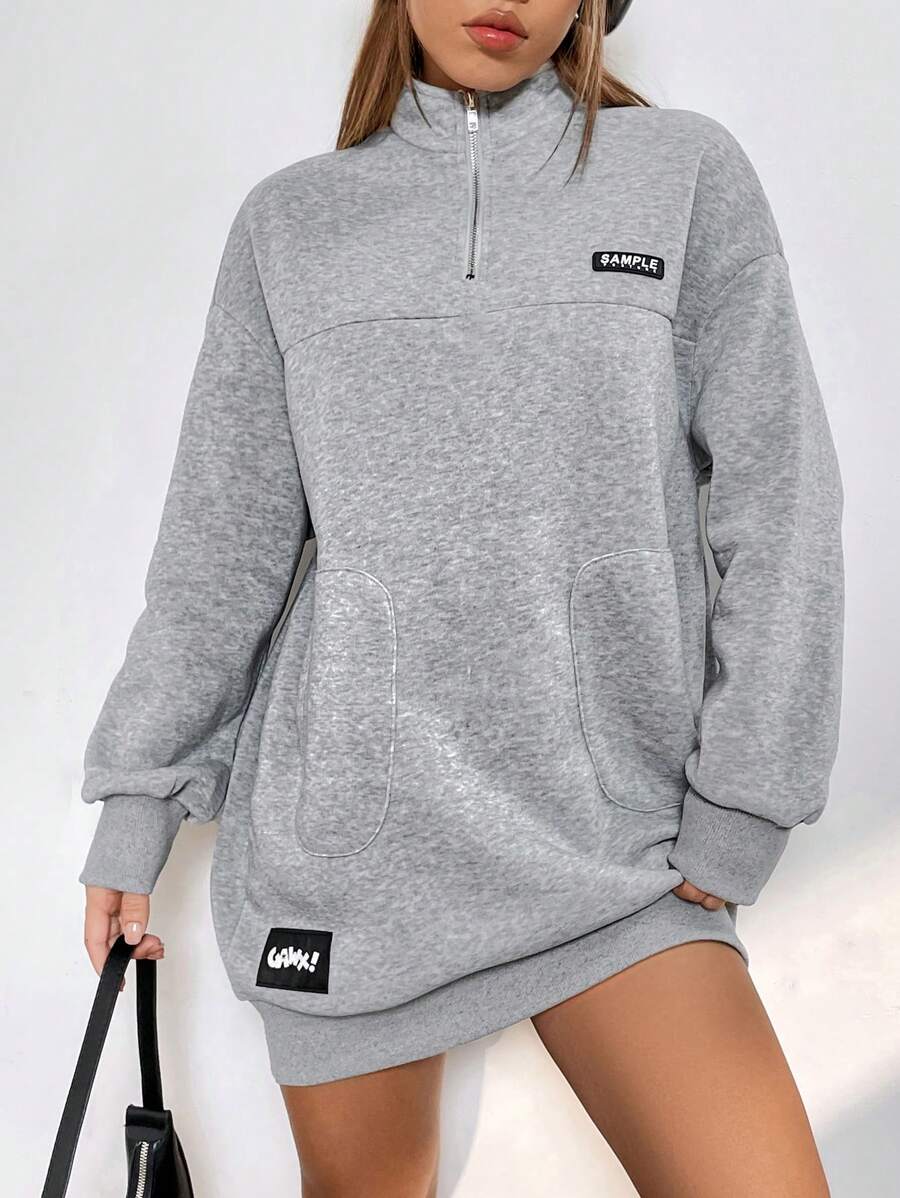 SHEIN EZwear 字母補丁細節1/4拉鍊落肩袖衛衣洋裝 - 灰色 - 查看 1